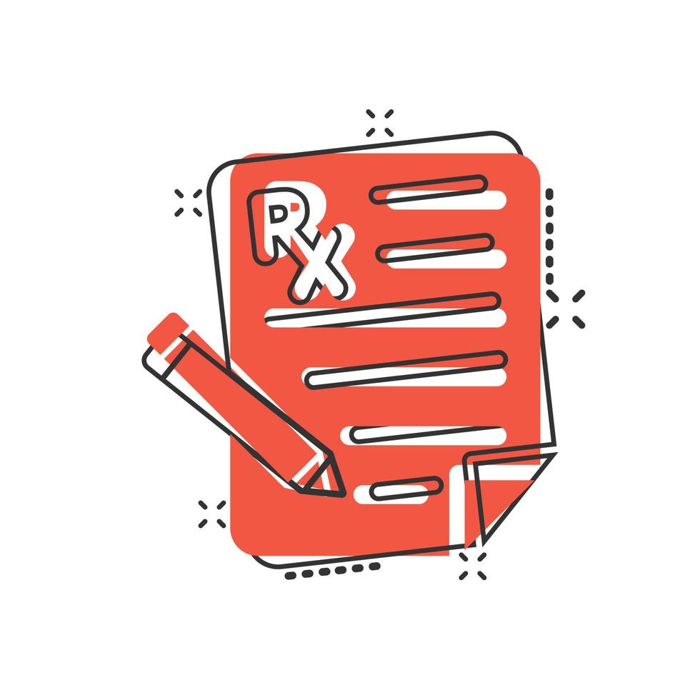 Prescription icon in comic style. Rx document cartoon vector illustration on white isolated background. Paper splash effect business concept.