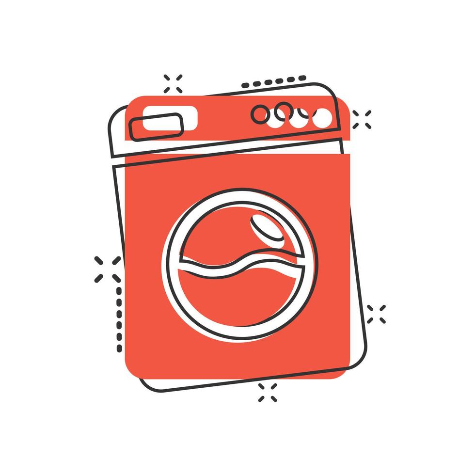 Washing machine icon in comic style. Washer cartoon vector illustration on white isolated background. Laundry splash effect business concept.