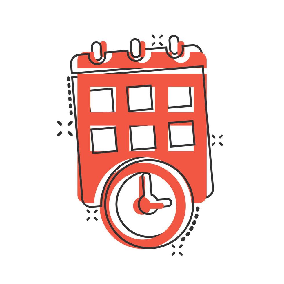 Calendar with clock icon in comic style. Agenda cartoon vector illustration on white isolated background. Schedule time planner splash effect business concept.