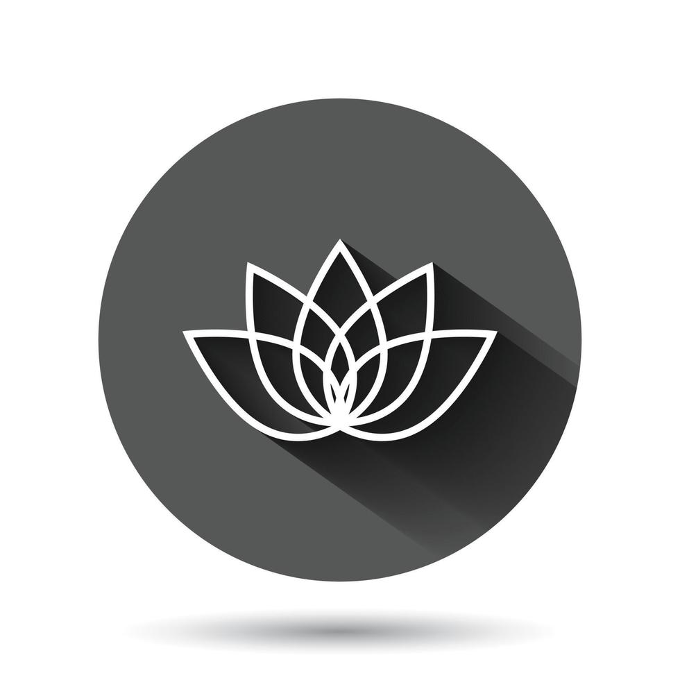 Lotus icon in flat style. Flower leaf vector illustration on black round background with long shadow effect. Blossom plant circle button business concept.