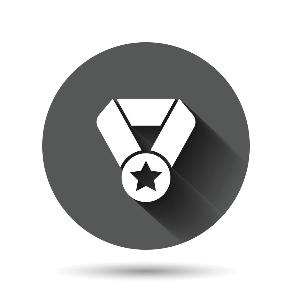 icono de medalla en estilo plano. Ilustración de vector de signo de premio sobre fondo redondo negro con efecto de sombra larga. Concepto de negocio de botón de círculo de premio de trofeo.