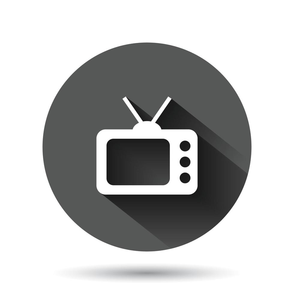 icono de tv en estilo plano. ilustración de vector de señal de televisión sobre fondo redondo negro con efecto de sombra larga. concepto de negocio de botón de círculo de canal de video.