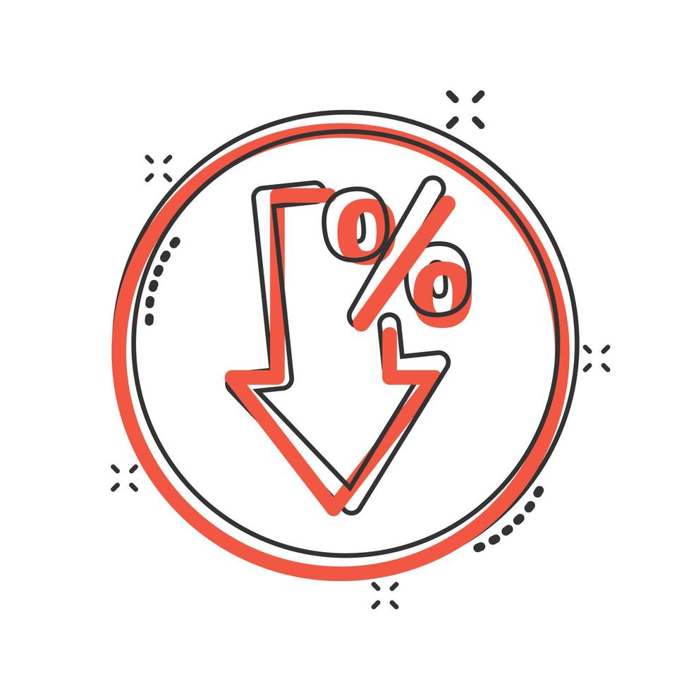 Decline arrow icon in comic style. Decrease cartoon vector illustration on white isolated background. Revenue model splash effect business concept.