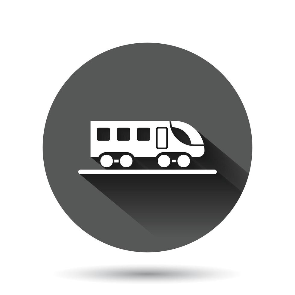 icono de metro en estilo plano. ilustración de vector de metro de tren sobre fondo redondo negro con efecto de sombra larga. Concepto de negocio de botón de círculo de carga de ferrocarril.