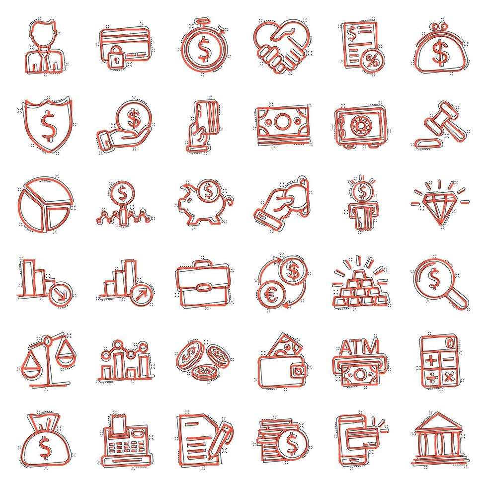 Business thin line icon set in comic style. Finance investment cartoon vector illustration on white isolated background. Financial currency splash effect business concept.