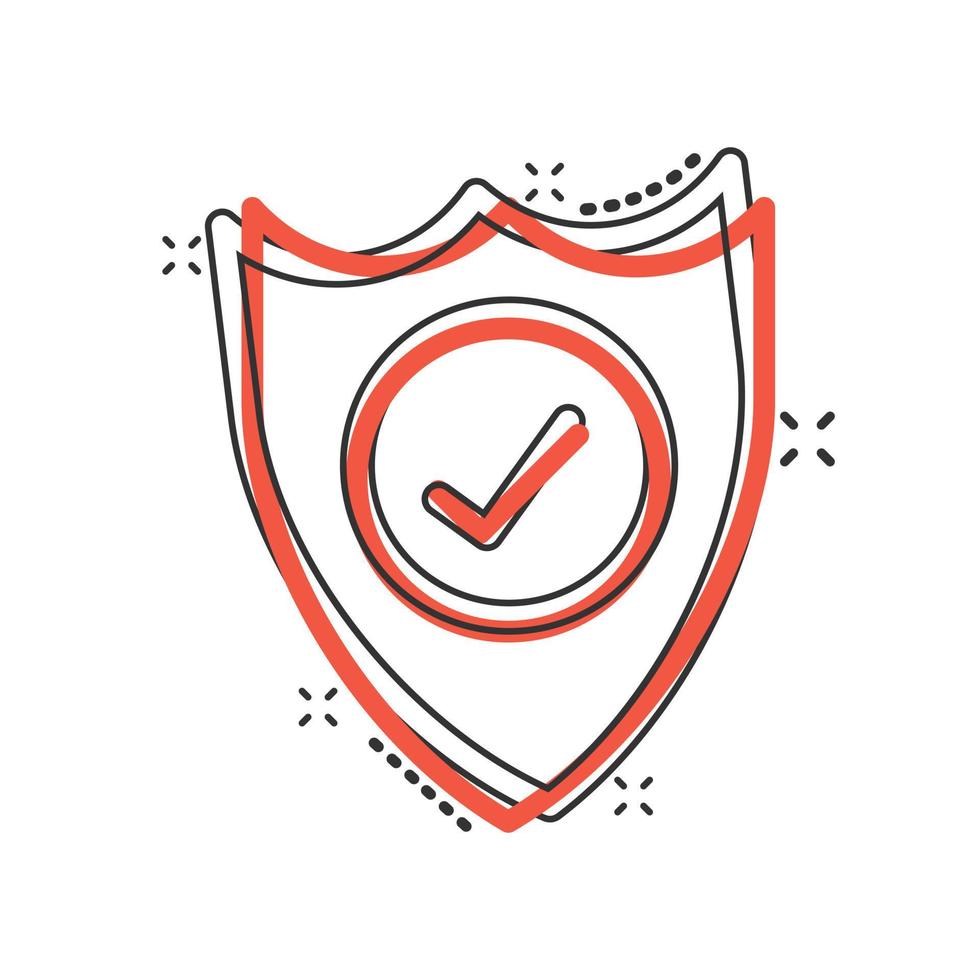 Shield with check mark icon in comic style. Protect cartoon vector illustration on white isolated background. Checkmark guard splash effect business concept.