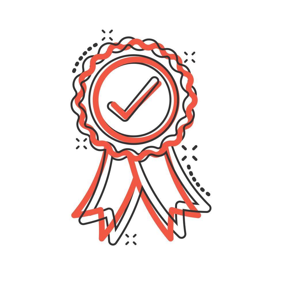 Winner with check mark icon in comic style. Rosette award cartoon vector illustration on white isolated background. Medal splash effect business concept.