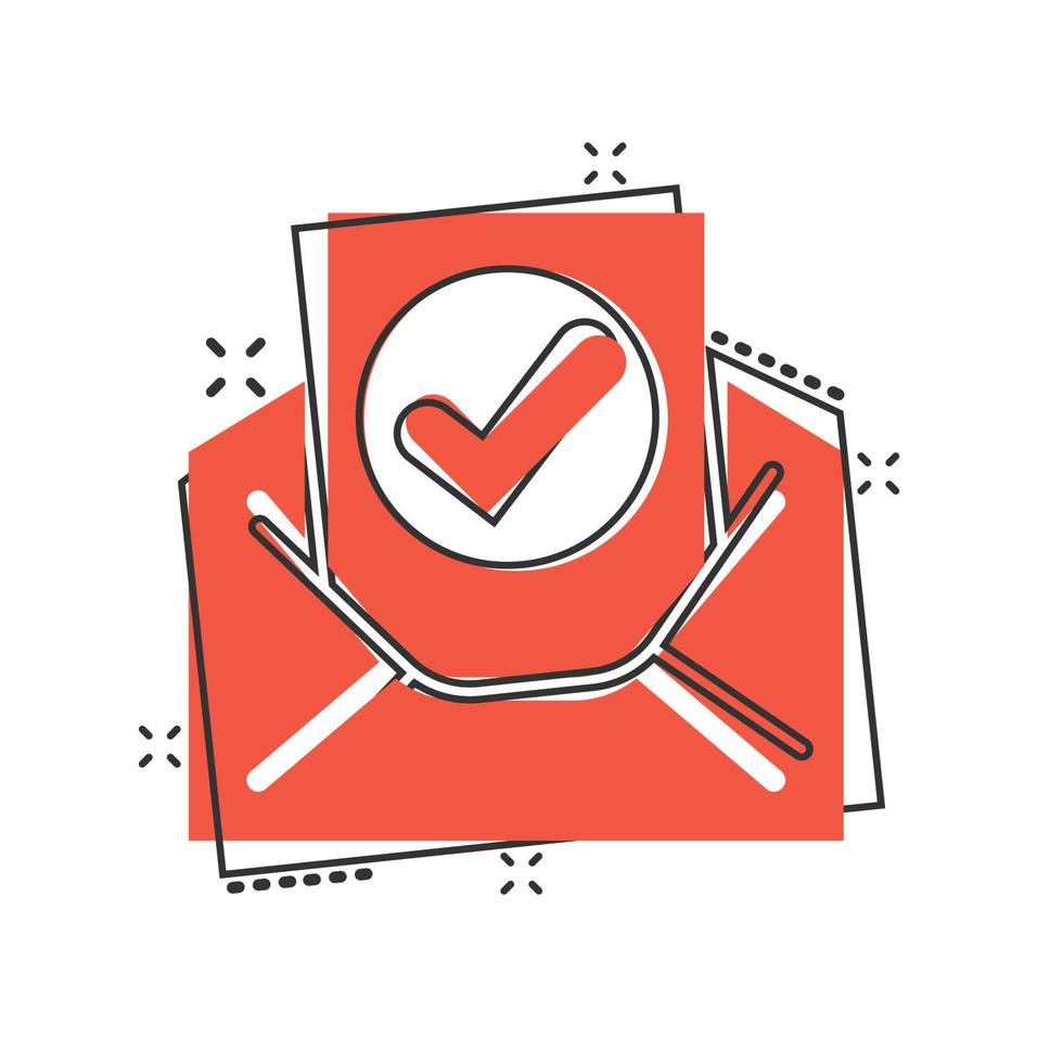 Envelope with confirmed document icon in comic style. Verify cartoon vector illustration on white isolated background. Receive splash effect business concept.
