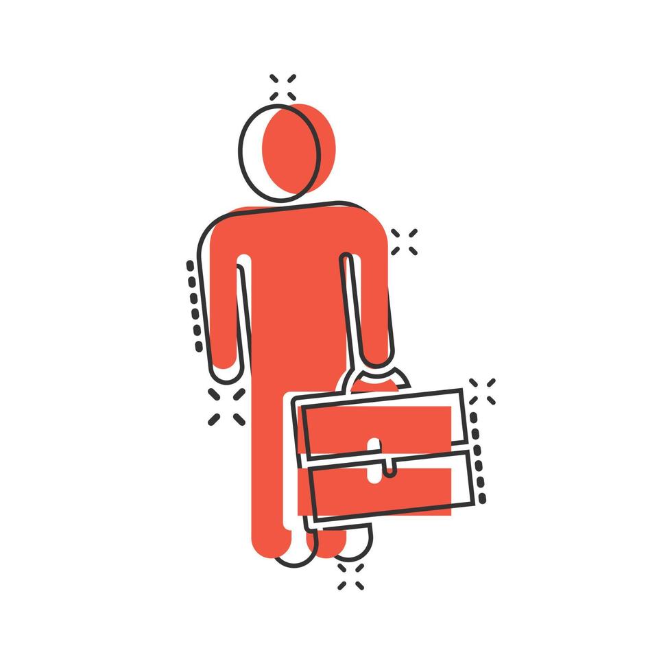 Businessman with briefcase icon in comic style. People manager cartoon vector illustration on white isolated background. Employee splash effect business concept.