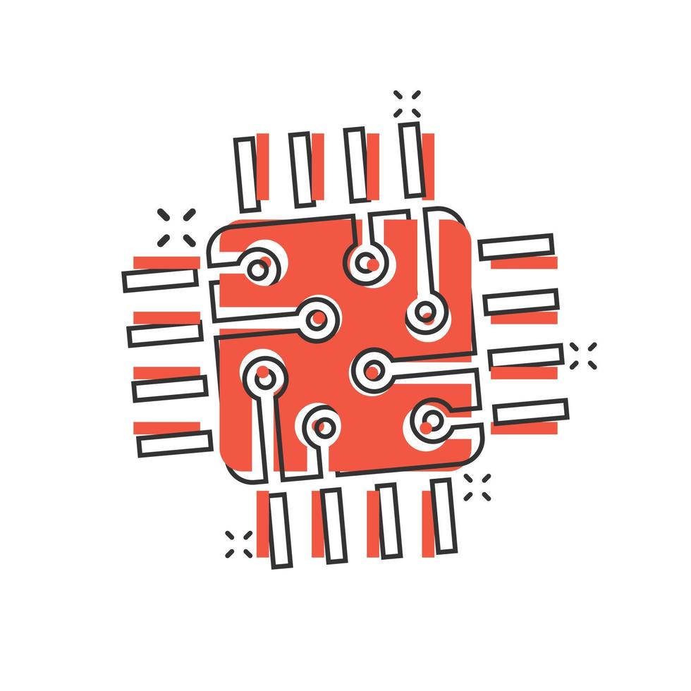 Computer cpu icon in comic style. Circuit board cartoon vector illustration on white isolated background. Motherboard chip splash effect business concept.