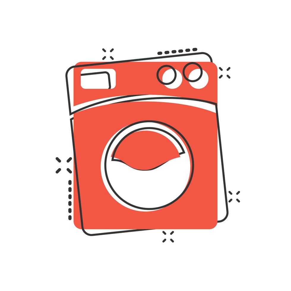 Washing machine icon in comic style. Washer cartoon vector illustration on white isolated background. Laundry splash effect business concept.