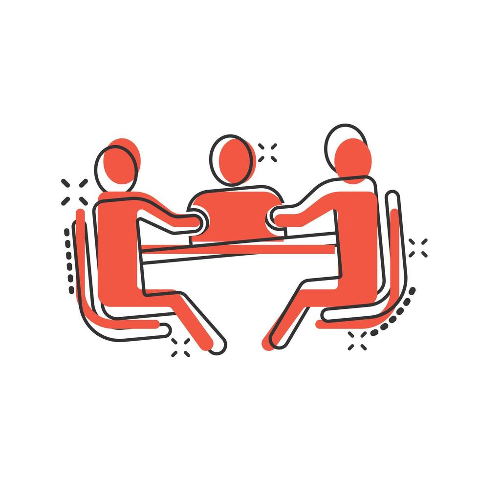 People with table icon in comic style. Teamwork conference cartoon vector illustration on white isolated background. Speaker dialog splash effect business concept.