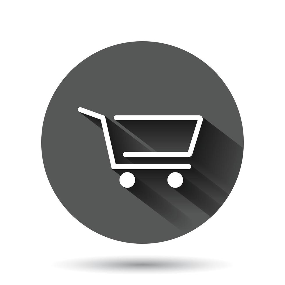 Shopping cart icon in flat style. Trolley vector illustration on black round background with long shadow effect. Basket circle button business concept.
