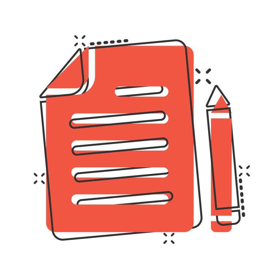 Document note with pen icon in comic style. Paper sheet pencil cartoon vector illustration on white background. Notepad document splash effect business concept.