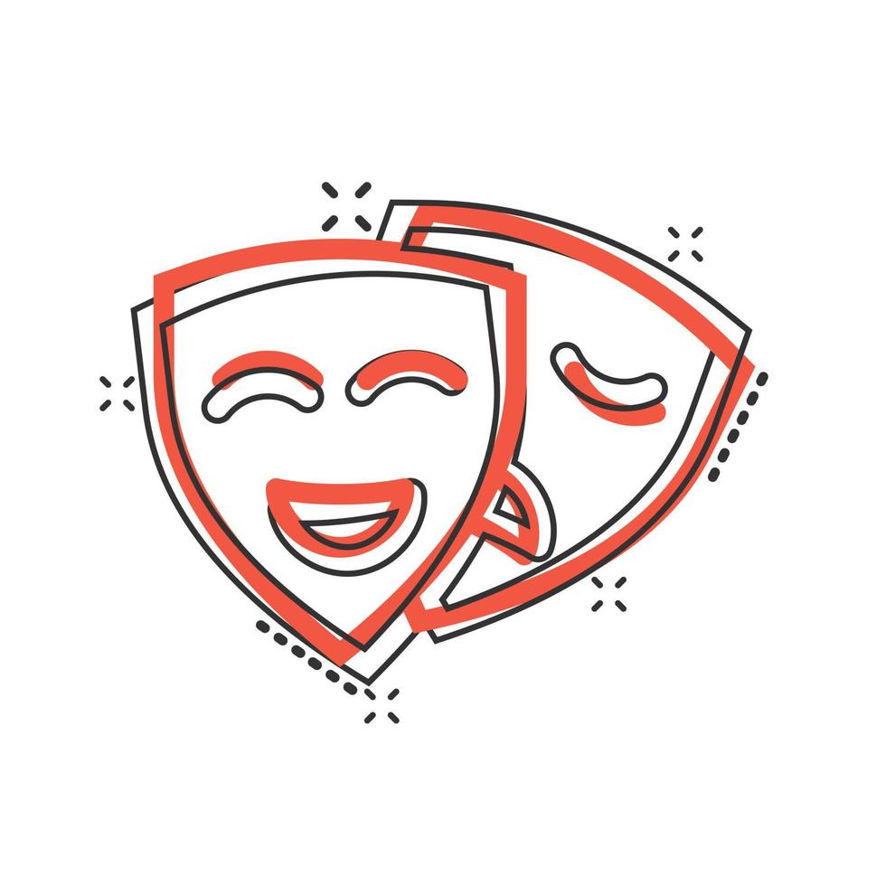 Theater mask icon in comic style. Comedy and tragedy cartoon vector illustration on white isolated background. Smile face splash effect business concept.