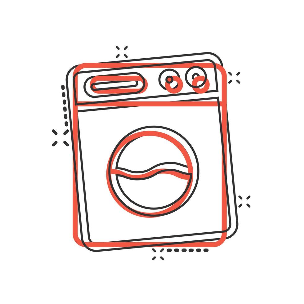 Washing machine icon in comic style. Washer cartoon vector illustration on white isolated background. Laundry splash effect business concept.