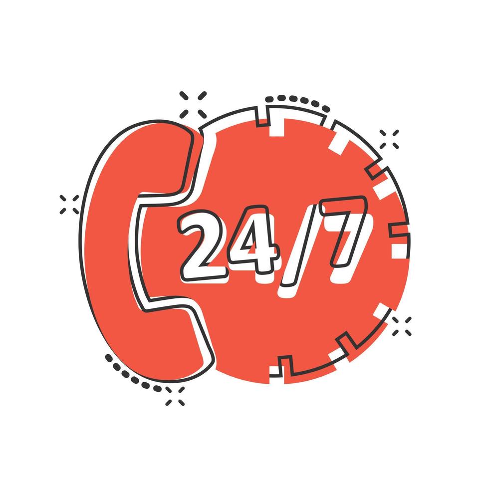 Phone service 24 7 icon in comic style. Telephone talk cartoon vector illustration on white isolated background. Hotline contact splash effect business concept.