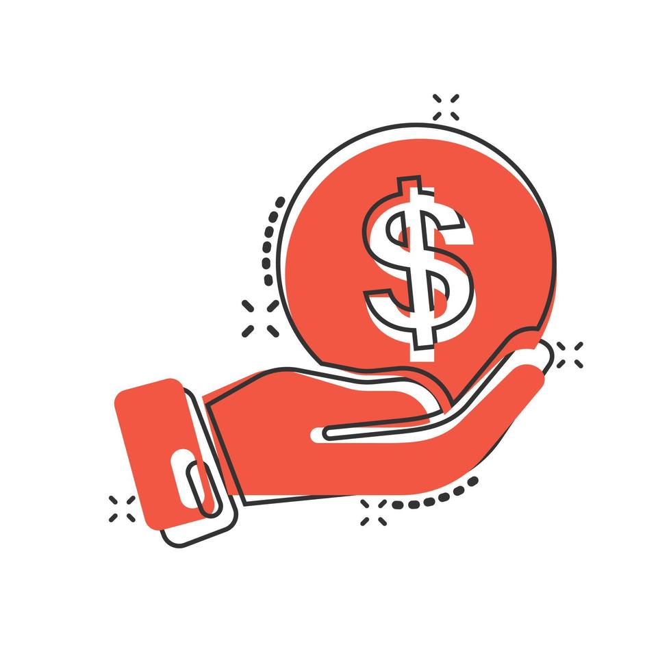 Remuneration icon in comic style. Money in hand cartoon vector illustration on white isolated background. Coin payroll splash effect business concept.