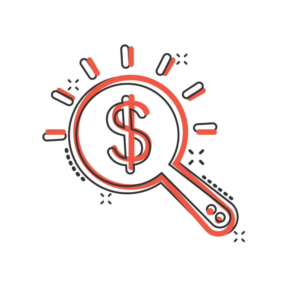 Magnifier glass with money icon in comic style. Dollar search cartoon vector illustration on white isolated background. Financial currency splash effect business concept.