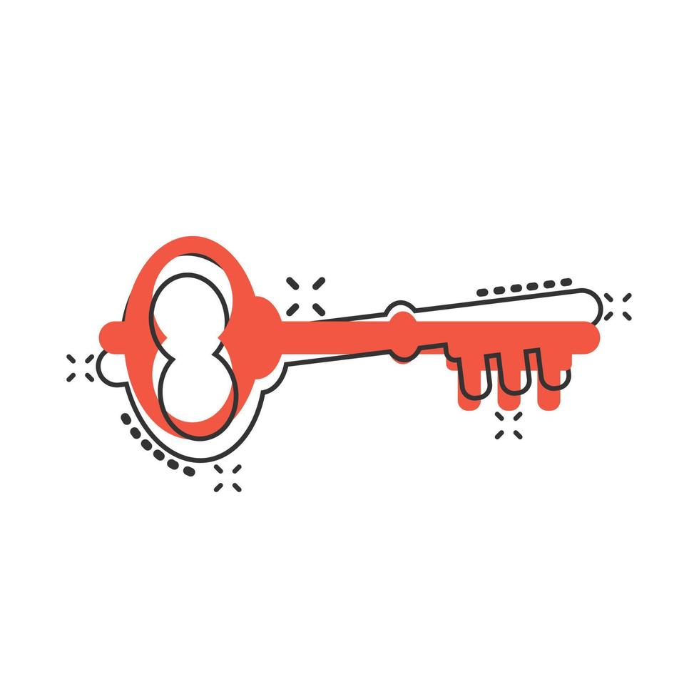 Key icon in comic style. Password cartoon vector illustration on white isolated background. Access splash effect business concept.