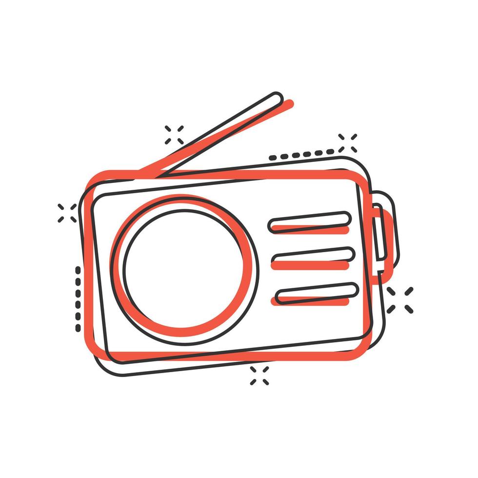 Radio icon in comic style. Fm broadcast cartoon vector illustration on white isolated background. Radiocast splash effect business concept.