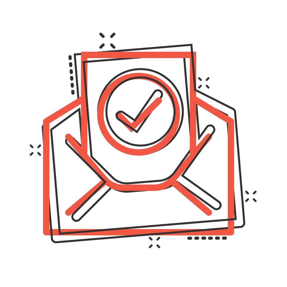Envelope with confirmed document icon in comic style. Verify cartoon vector illustration on white isolated background. Receive splash effect business concept.