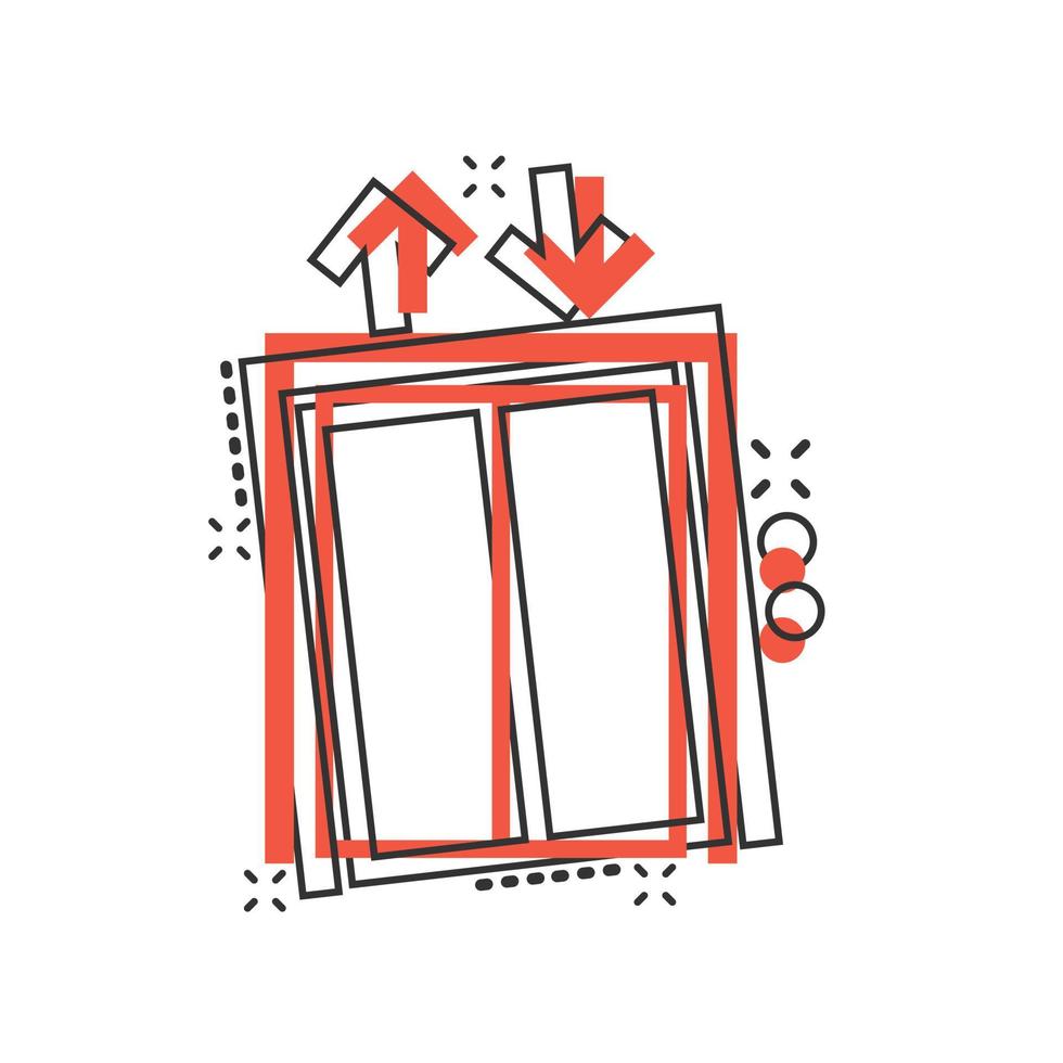 Elevator icon in comic style. Lift cartoon vector illustration on white isolated background. Passenger transportation splash effect business concept.