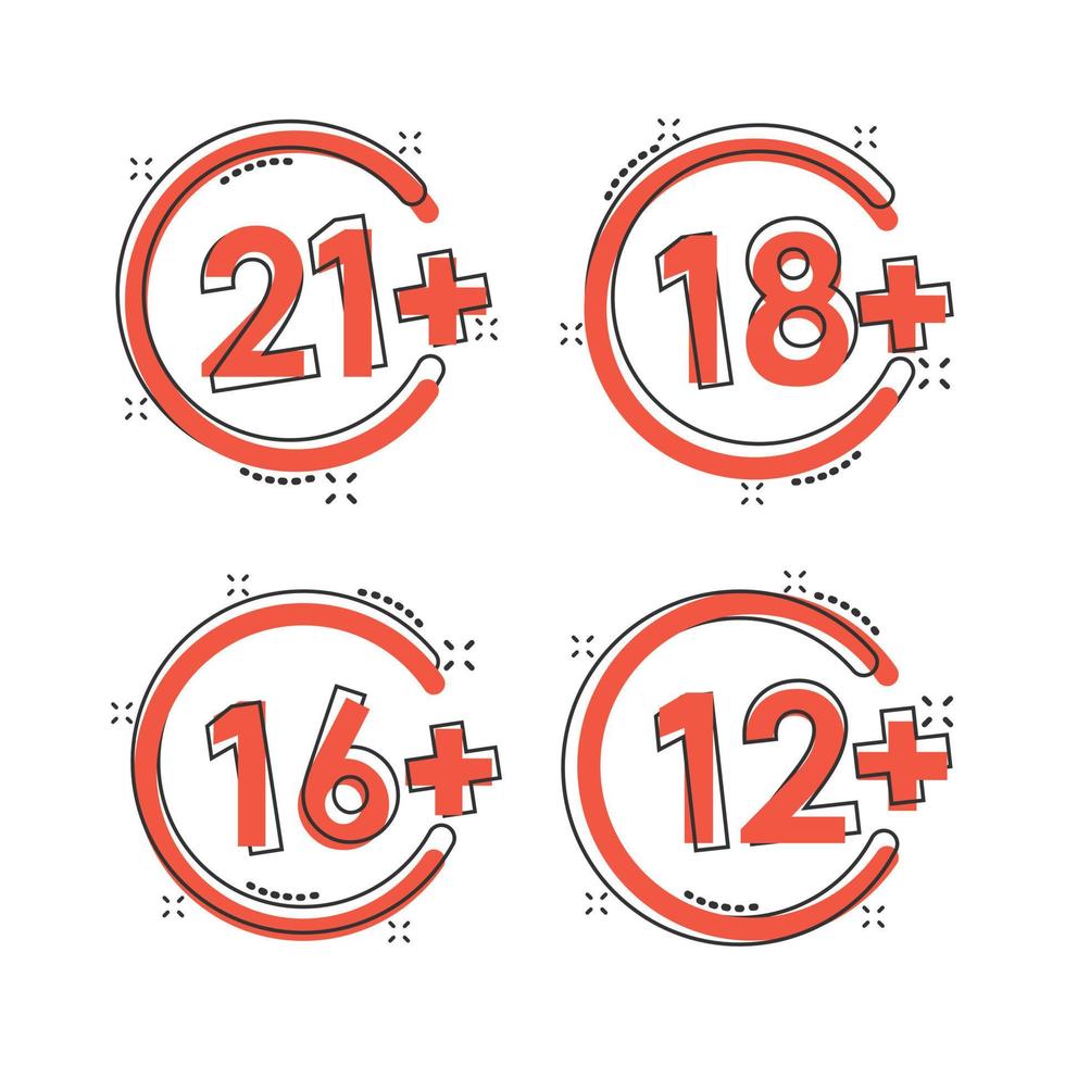 12, 16, 18, 21 plus icon in comic style. Censorship cartoon vector illustration on white isolated background. Censored splash effect business concept.