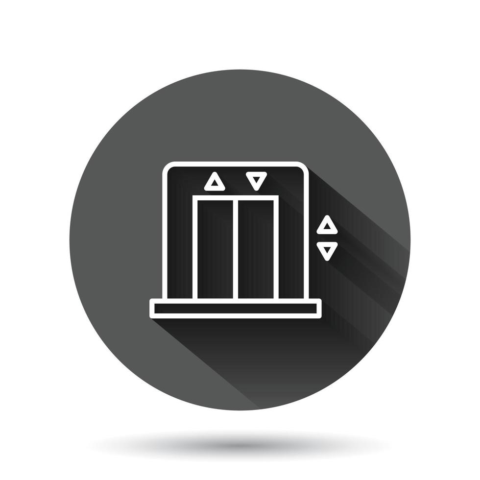 Elevator icon in flat style. Lift vector illustration on black round background with long shadow effect. Passenger transportation circle button business concept.