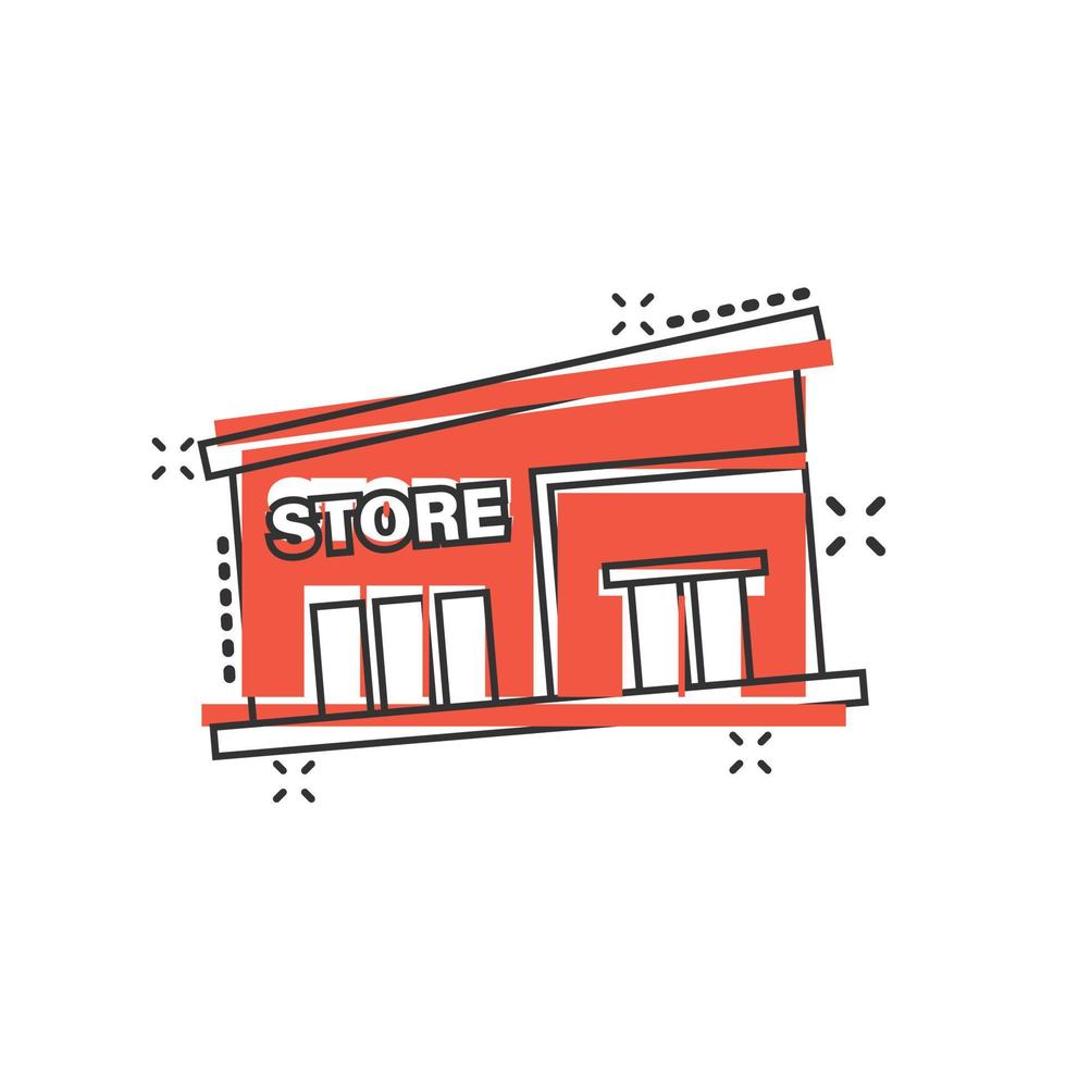 Mall icon in comic style. Store cartoon vector illustration on white isolated background. Shop splash effect business concept.