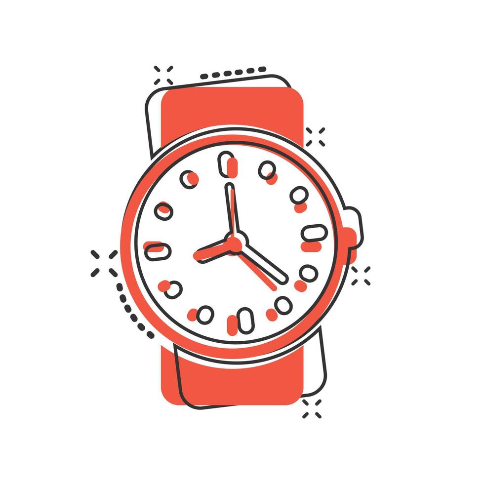 Wrist watch icon in comic style. Hand clock cartoon vector illustration on white isolated background. Time bracelet splash effect business concept.