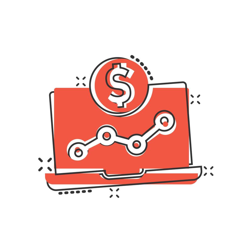 Laptop computer chart icon in comic style. Money diagram cartoon vector illustration on white isolated background. Financial process splash effect business concept.