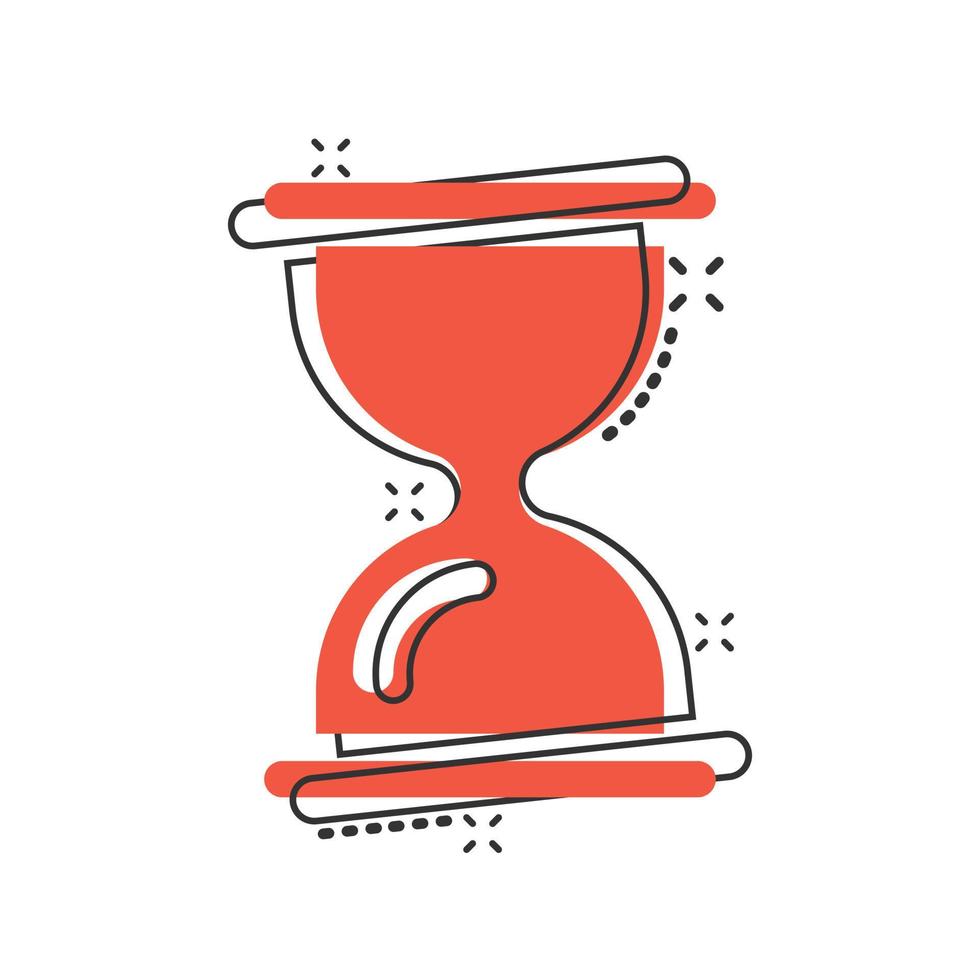 Hourglass icon in comic style. Sandglass cartoon vector illustration on white isolated background. Clock splash effect business concept.