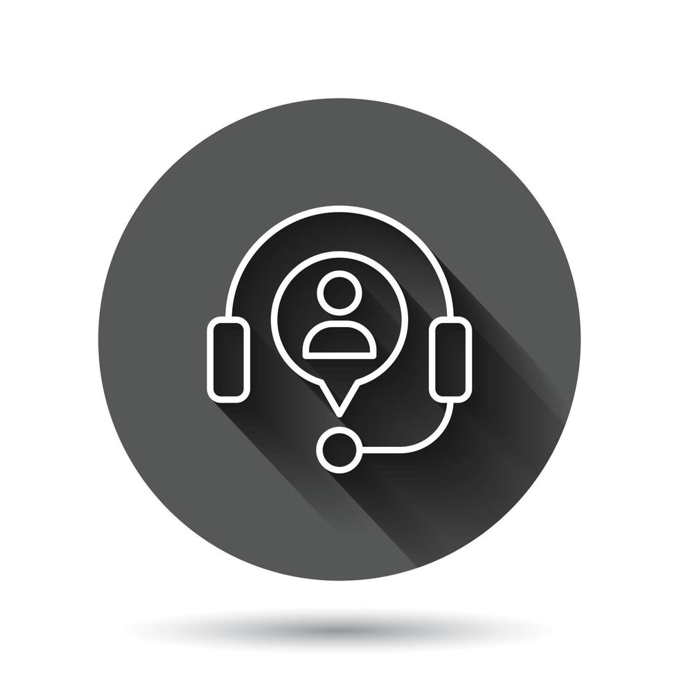 Helpdesk icon in flat style. Headphone vector illustration on black round background with long shadow effect. Chat operator circle button business concept.