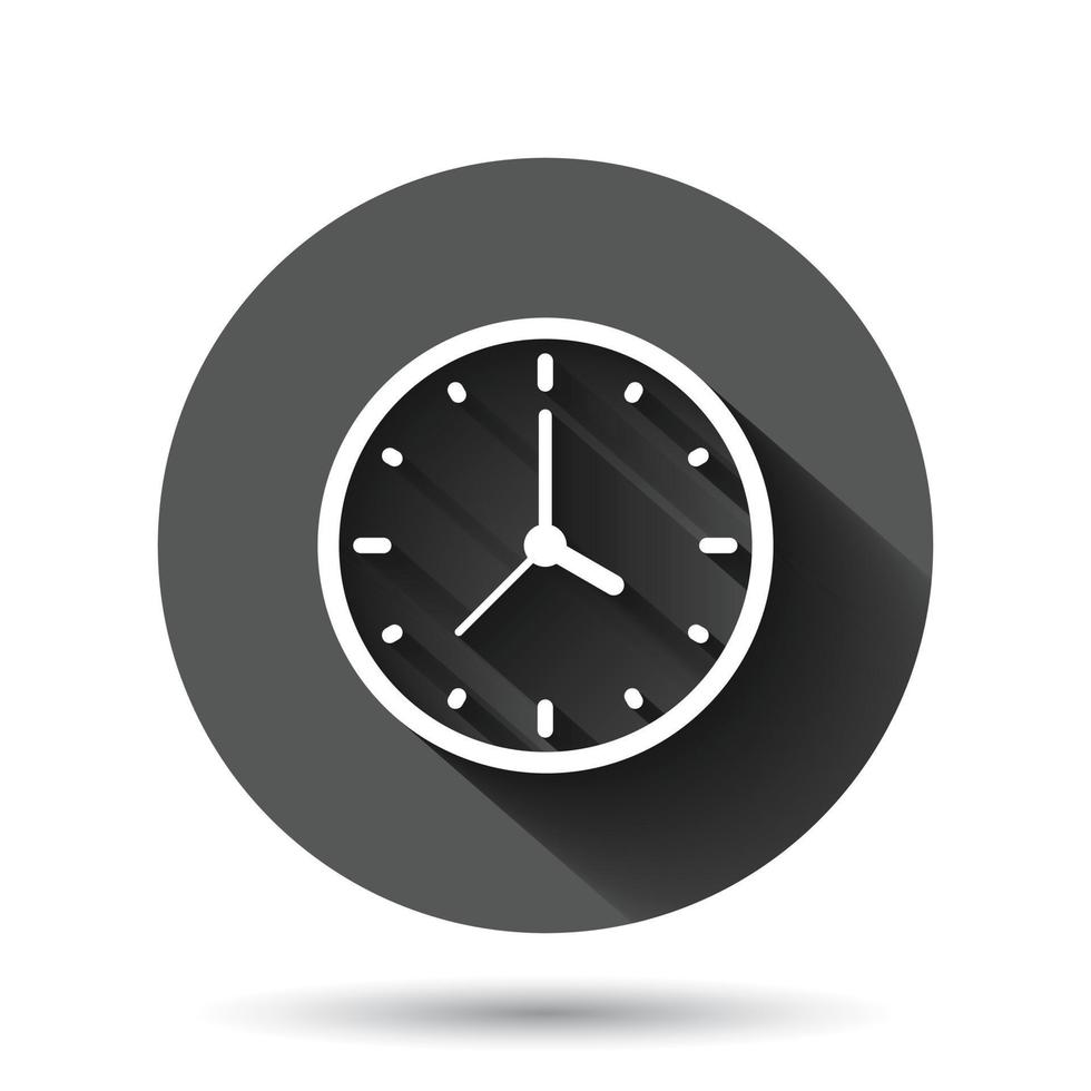 icono de reloj en estilo plano. ver ilustración vectorial sobre fondo redondo negro con efecto de sombra larga. concepto de negocio de botón de círculo de temporizador. vector