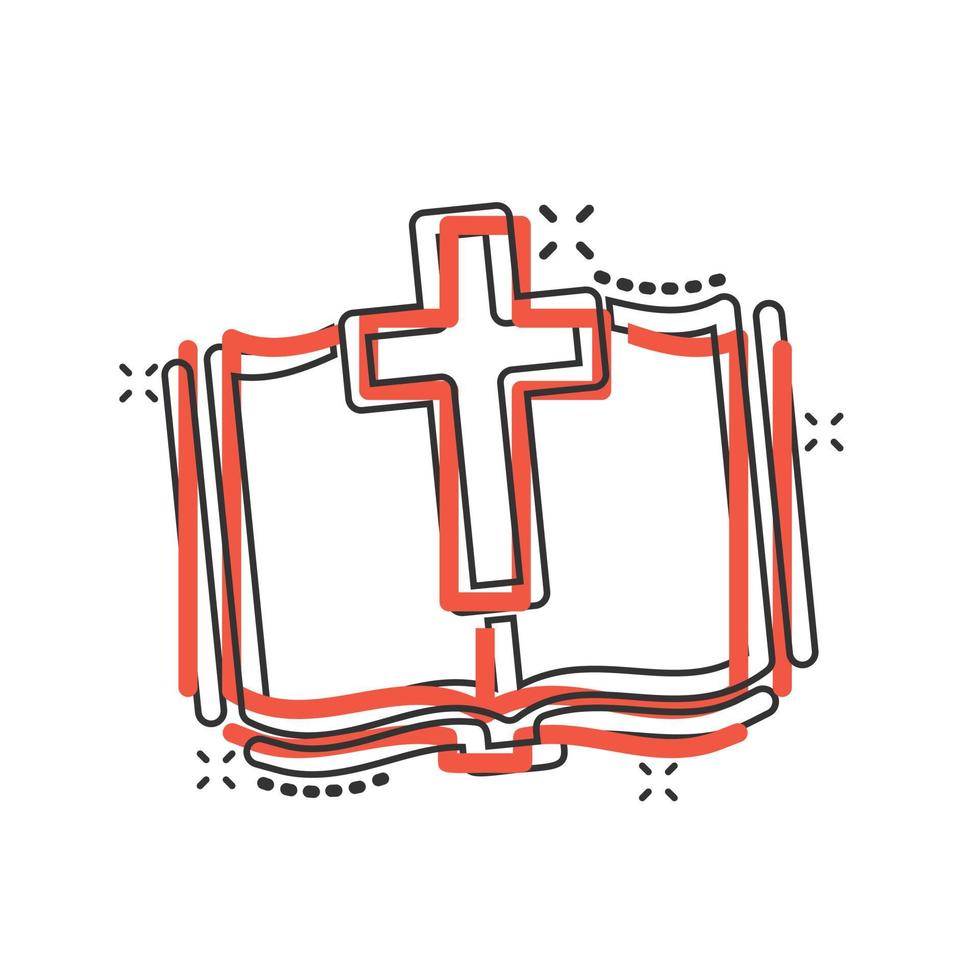 icono de libro de la biblia en estilo cómico. ilustración de vector de dibujos animados de fe de iglesia sobre fondo blanco aislado. concepto de negocio de efecto de salpicadura de espiritualidad.