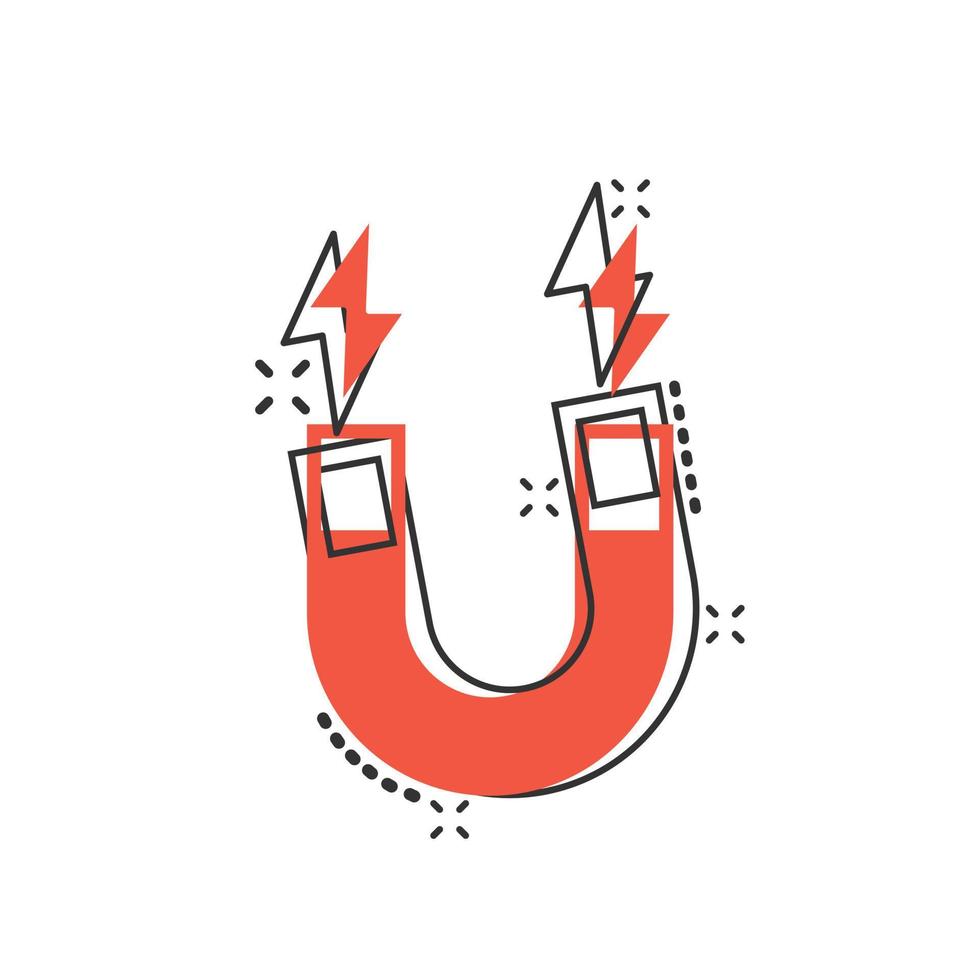 Magnet icon in comic style. Attract cartoon vector illustration on white isolated background. Electromagnetic splash effect business concept.
