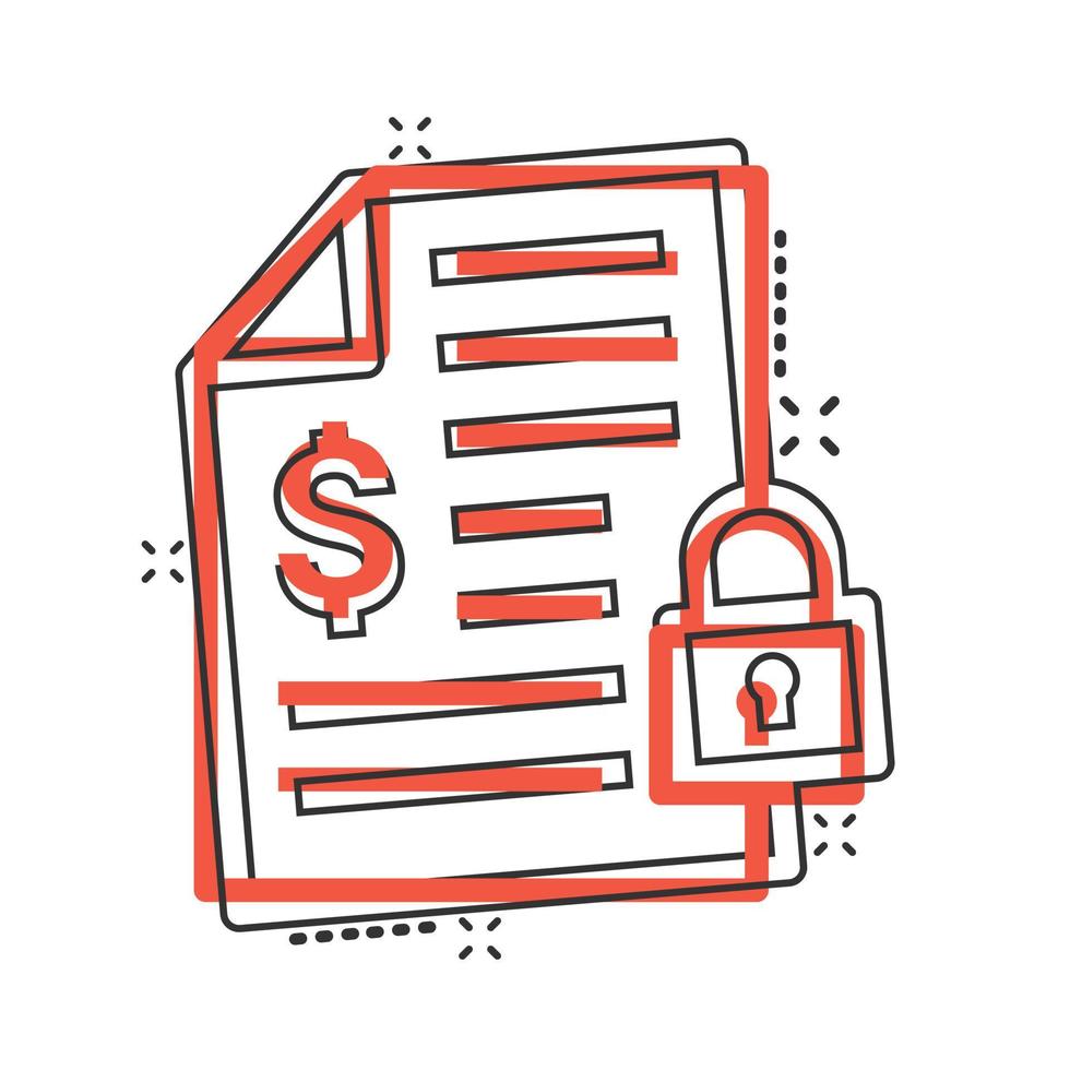 Financial statement icon in comic style. Document with lock cartoon vector illustration on white isolated background. Report splash effect business concept.