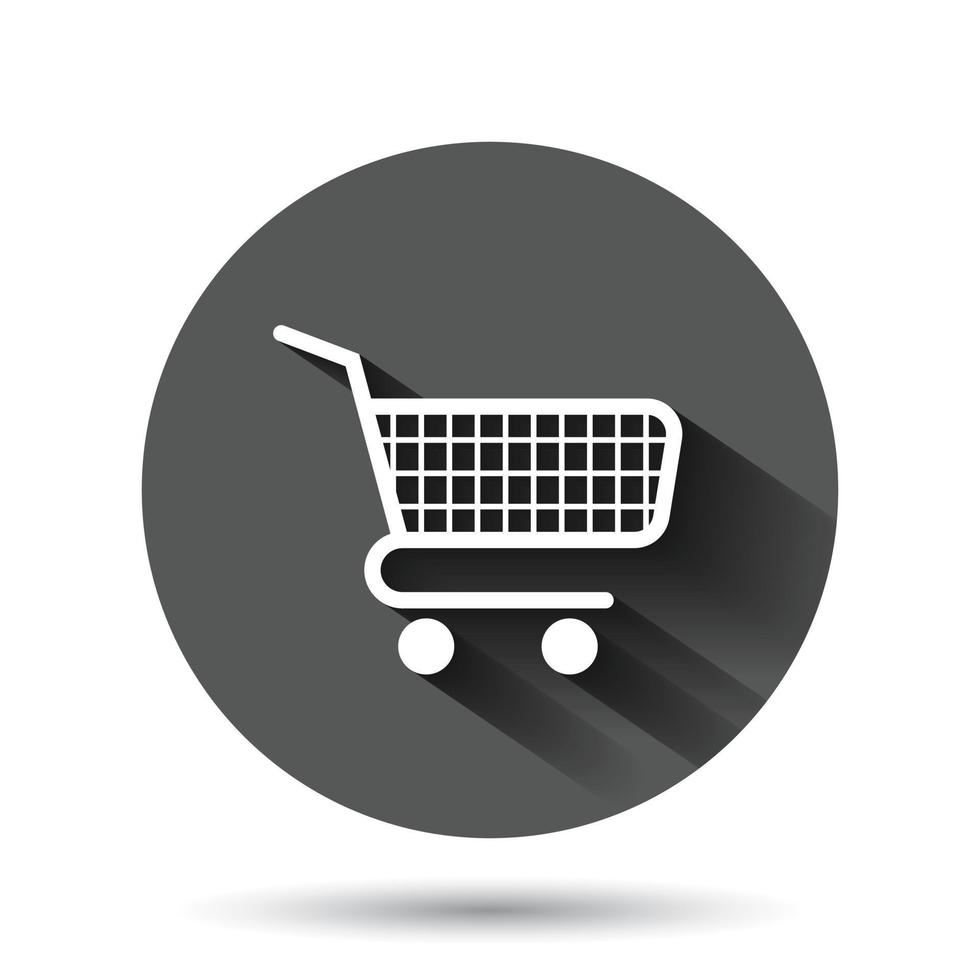 Shopping cart icon in flat style. Trolley vector illustration on black round background with long shadow effect. Basket circle button business concept.