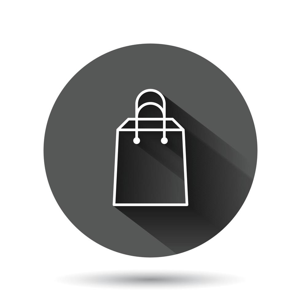 Shopping bag icon in flat style. Handbag sign vector illustration on black round background with long shadow effect. Package circle button business concept.