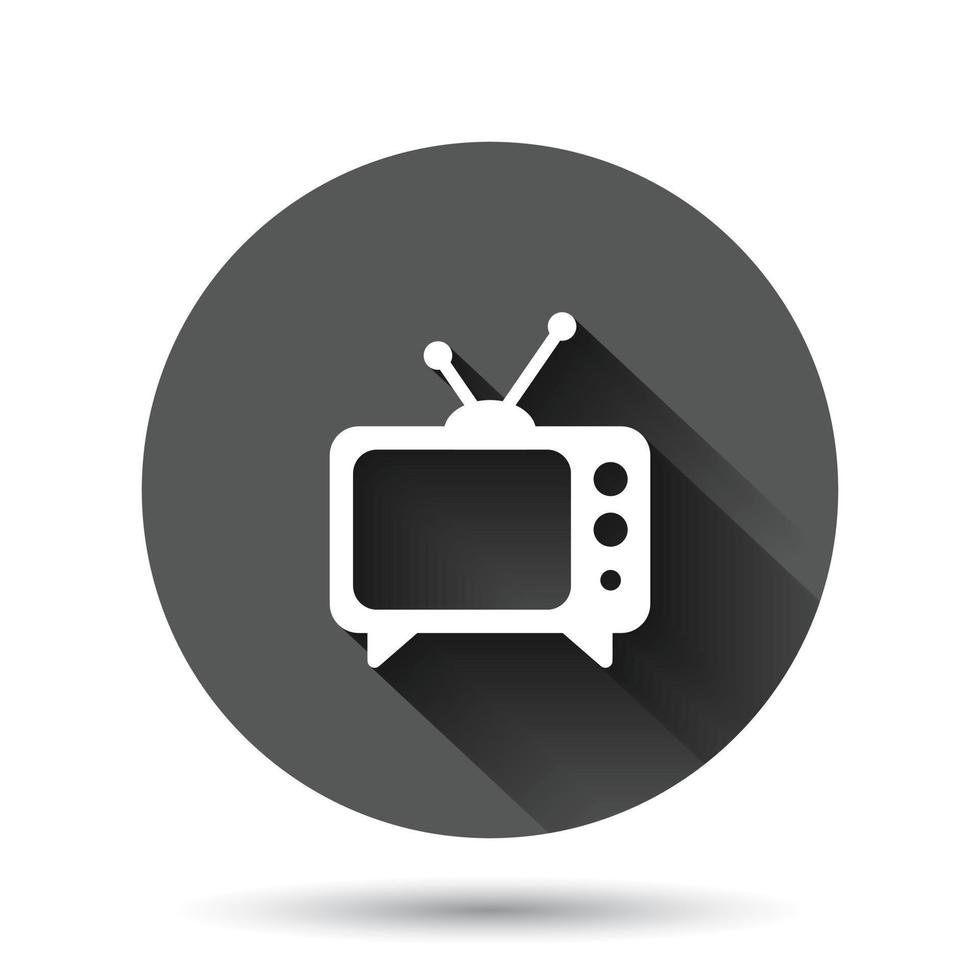 icono de tv en estilo plano. ilustración de vector de señal de televisión sobre fondo redondo negro con efecto de sombra larga. concepto de negocio de botón de círculo de canal de video.