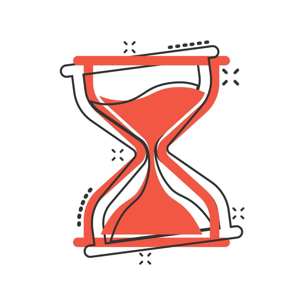 Hourglass icon in comic style. Sandglass cartoon vector illustration on white isolated background. Clock splash effect business concept.