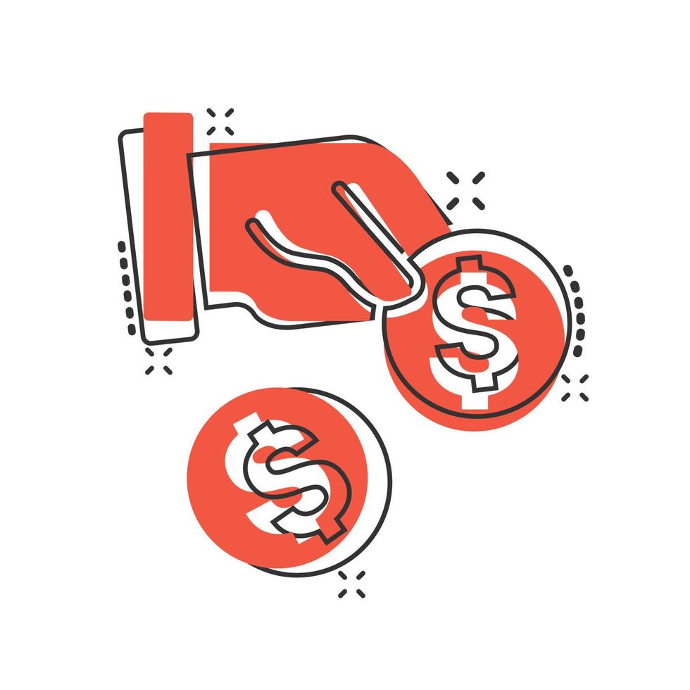 Remuneration icon in comic style. Money in hand cartoon vector illustration on white isolated background. Coin payroll splash effect business concept.