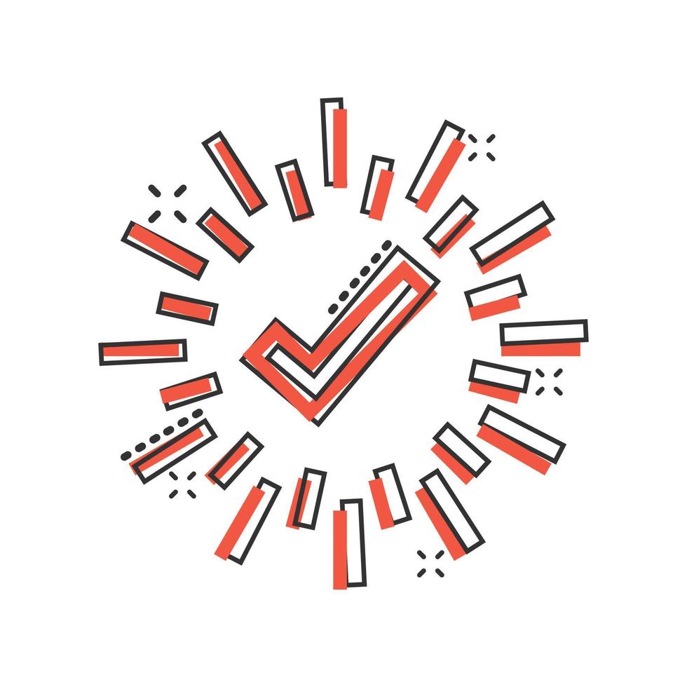 Check mark sign icon in comic style. Confirm button cartoon vector illustration on white isolated background. Accepted splash effect business concept.