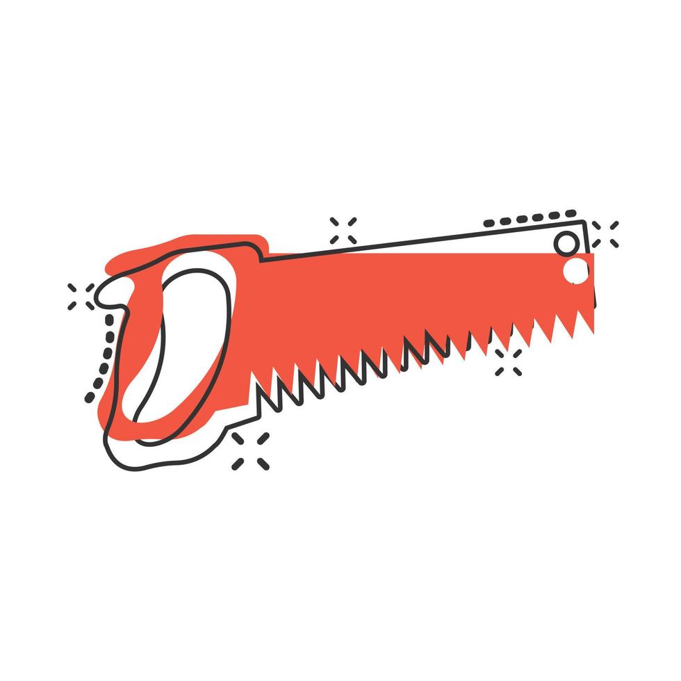 Saw blade icon in comic style. Working tools cartoon vector illustration on white isolated background. Hammer splash effect business concept.