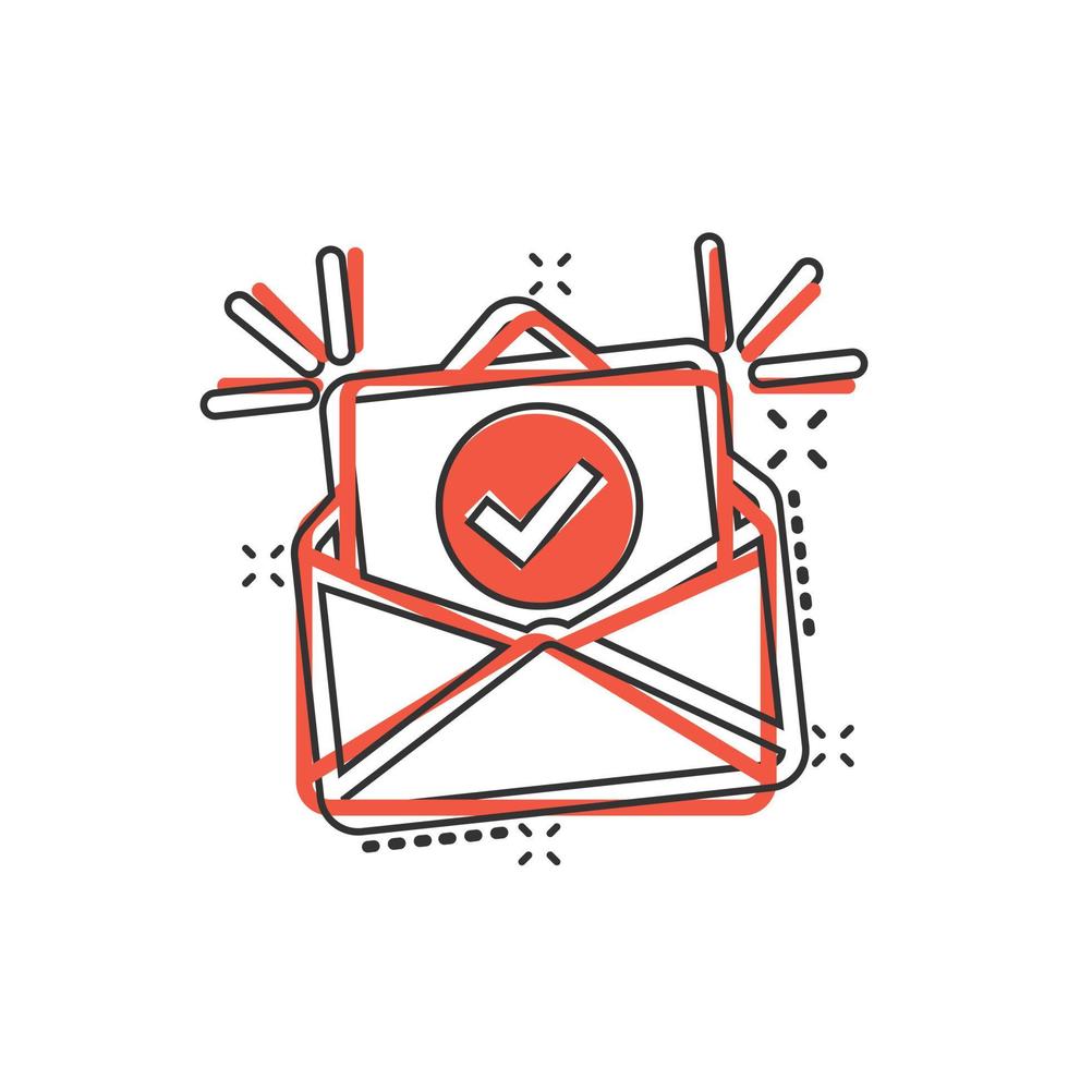 Envelope with confirmed document icon in comic style. Verify cartoon vector illustration on white isolated background. Receive splash effect business concept.