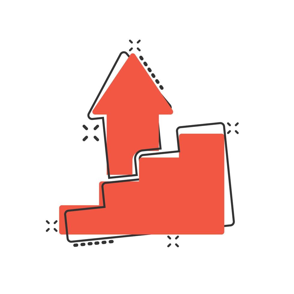 Chart graph icon in comic style. Arrow grow cartoon vector illustration on white isolated background. Analysis splash effect business concept.