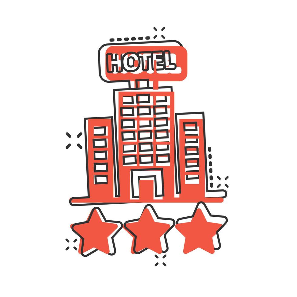 Hotel 3 stars sign icon in comic style. Inn building cartoon vector illustration on white isolated background. Hostel room splash effect business concept.