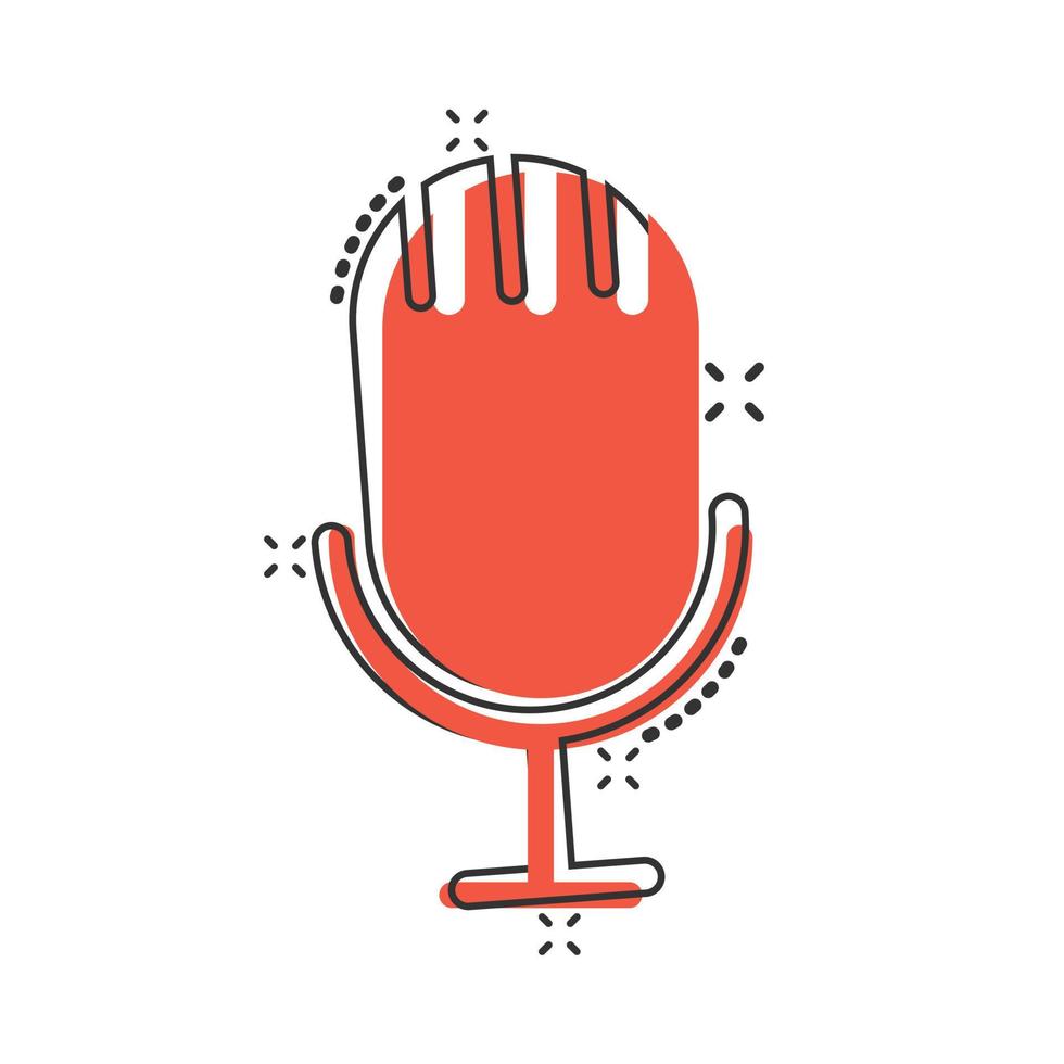 Microphone icon in comic style. Studio mike cartoon vector illustration on white isolated background. Audio record splash effect business concept.