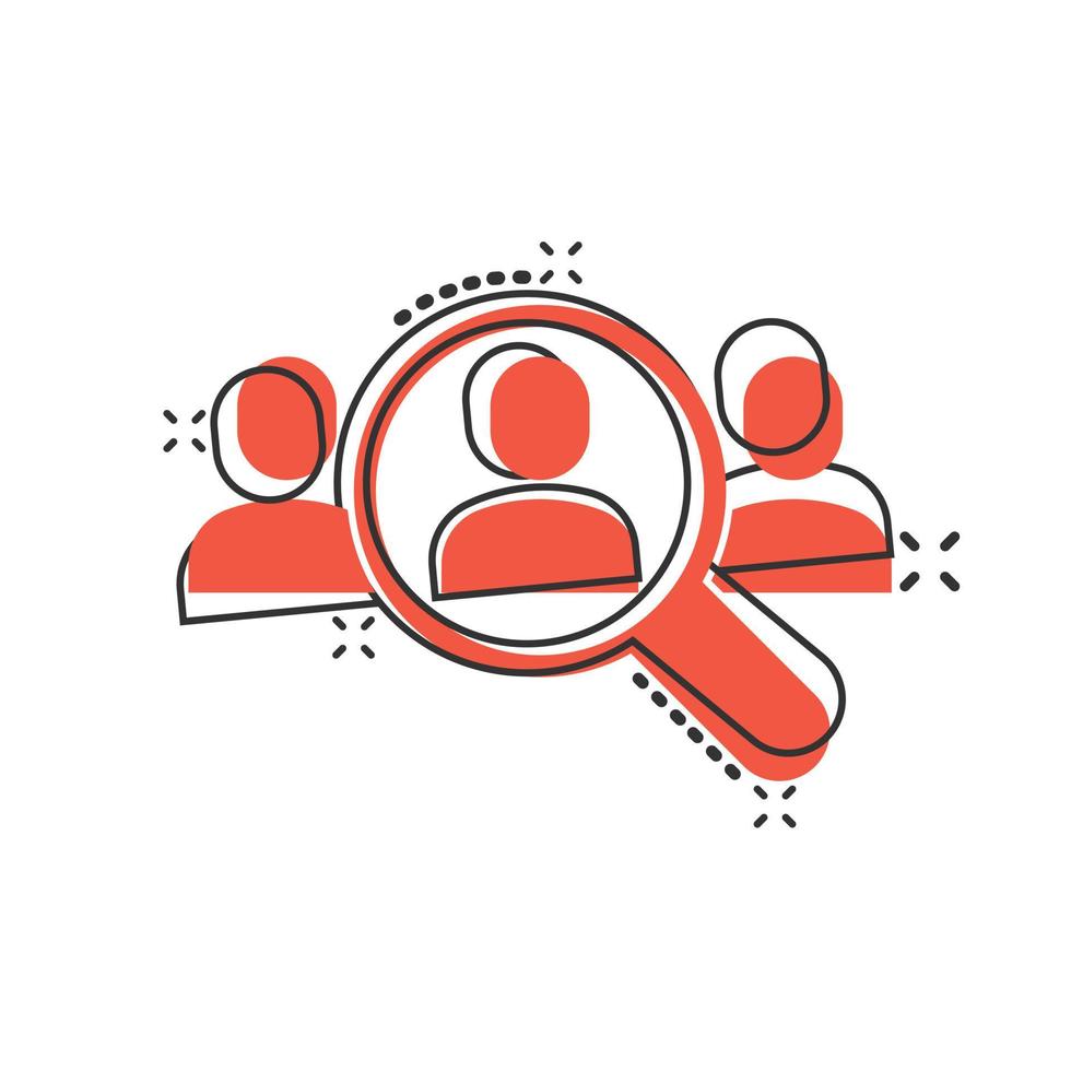 Search job vacancy icon in comic style. Loupe career cartoon vector illustration on white isolated background. Find people employer splash effect business concept.